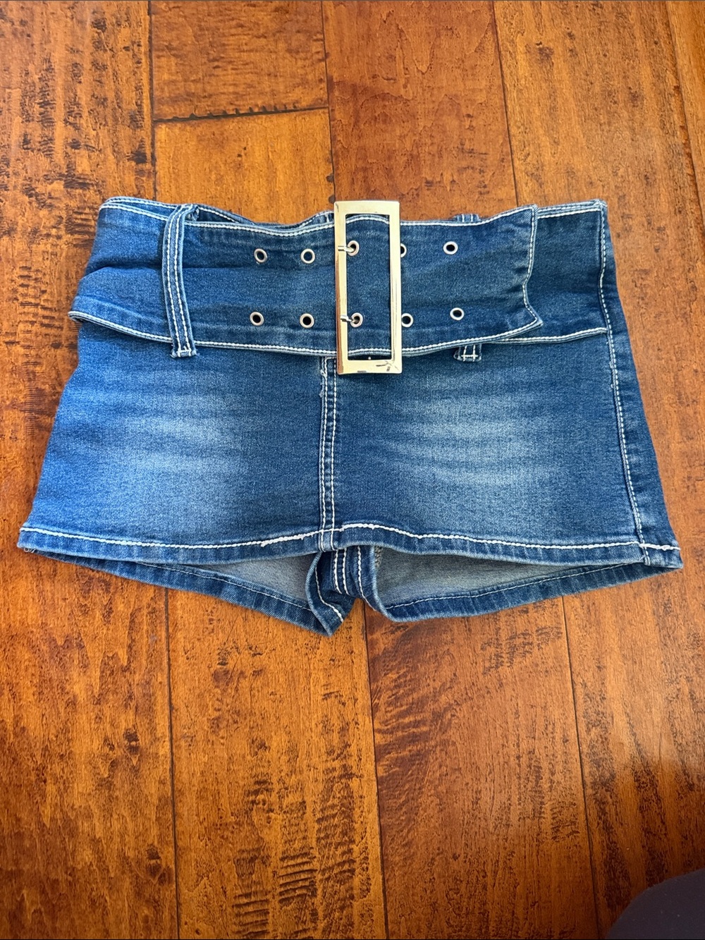 Edikted Blue Denim Belted High-Waist Jean Shorts/faux skirt